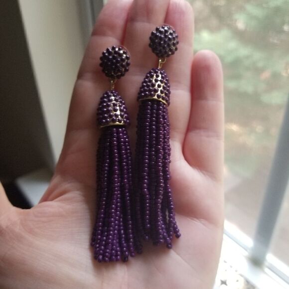 Plum Purple Beaded Tassel Statement Post Earrings in Goldtone like Baublebar - Picture 5 of 5